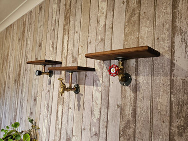 Steampunk wall shelves with industrial pipe fittings and wood tops on rustic wood panel wall