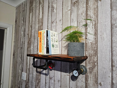 Steampunk industrial wooden wall shelf with books and potted plant on rustic wood wall.