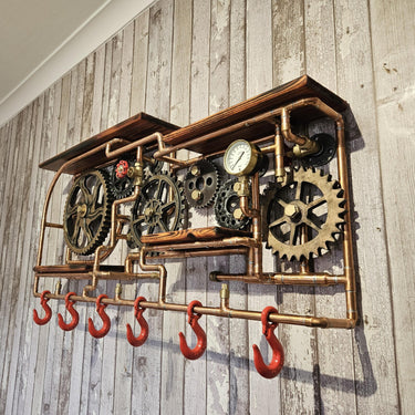Industrial Steampunk Gear Wall Shelving With Cost Rack – Handmade Statement Storage Piece