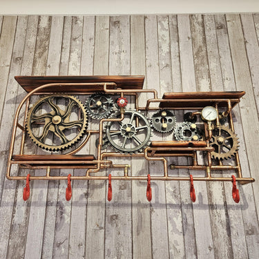Industrial Steampunk Gear Wall Shelving With Coat Rack – Handmade Statement Storage Piece