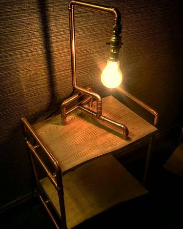 Industrial pipe table lamp with exposed bulb and wood shelves, steampunk home decor