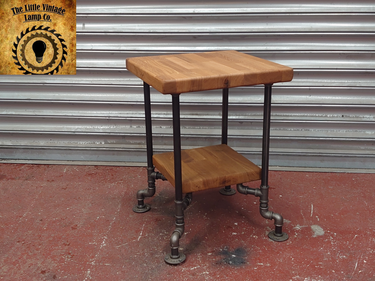 Handmade industrial side table with wood shelves and metal pipe legs, steampunk furniture style