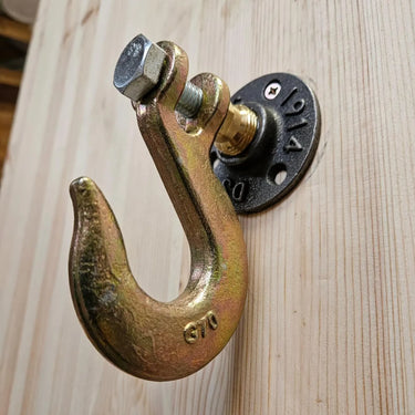 Industrial brass hook wall mount on light wood, steampunk hardware home decor