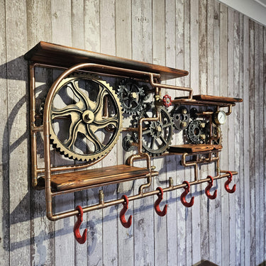 Industrial Steampunk Gear Wall Shelving With Coat Rack – Handmade Statement Storage Piece