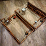 Retro industrial hardwood shelves with copper pipes, steampunk gauges, and rustic decor