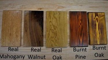 Five wood samples: real mahogany, walnut, oak, and burnt pine, burnt oak, labeled on wood surface.