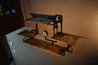 Steampunk shelving unit with industrial pipes, gauges, and rustic wood shelves on wall
