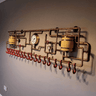 Industrial steampunk wall coat rack with copper pipes, red hooks, gauges, and barrel accents.