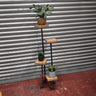 Industrial steampunk plant stand with wooden shelves and metal pipes, holding potted plants