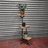Steampunk industrial plant stand with three wooden shelves and metal pipe frame, holding potted plants.