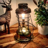 Vintage industrial table lamp with exposed bulb on wooden surface, next to deer figurine and plant.